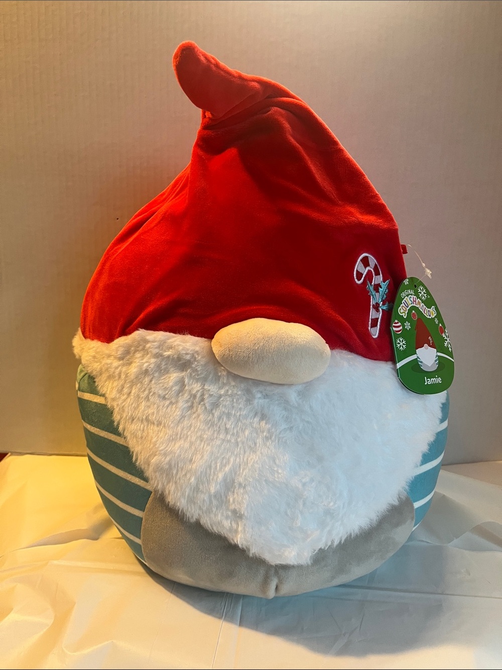 Squishmallows Holiday Gnome Jamie- Red Hat, White Beard,Teal Stripes 12 inch NWT